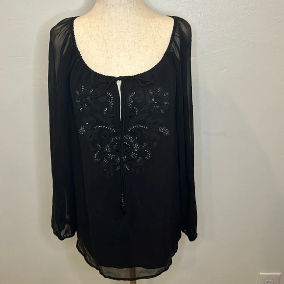 PETER NYGARD BLACK BLOUSE WITH EMBELLISHMENT DETAIL - Picture 1 of 6